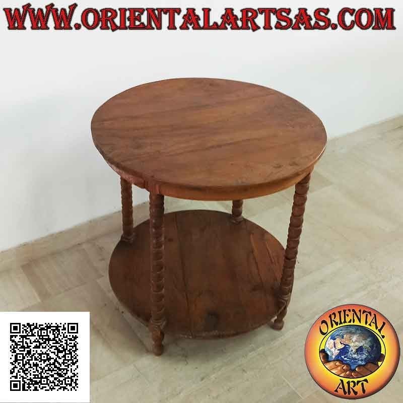 Round table with four feet of spheres with shelf underneath in antique teak wood (70 cm Ø)