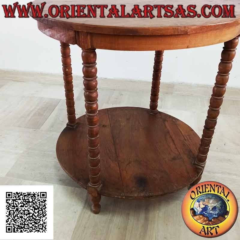 Round table with four feet of spheres with shelf underneath in antique teak wood (70 cm Ø)