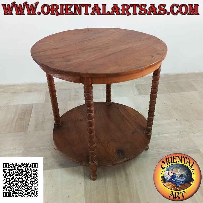 Round table with four feet of spheres with shelf underneath in antique teak wood (70 cm Ø)