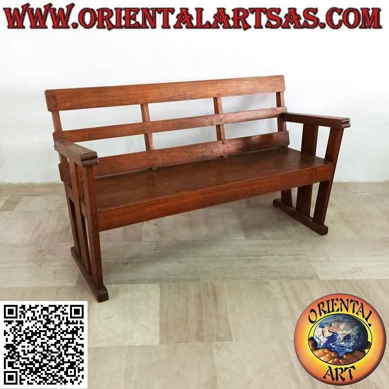 Banc linéaire antique trois places en bois de teck massif antique