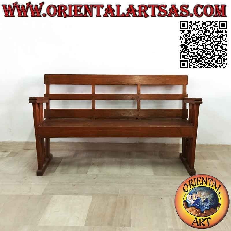 Antique linear three-seater bench in antique solid teak wood