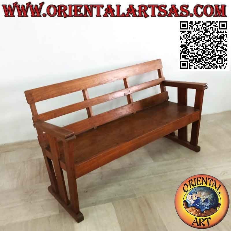 Panca antica lineare a tre posti in legno massiccio antico di teak