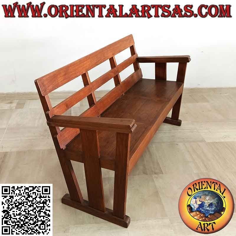 Antique linear three-seater bench in antique solid teak wood