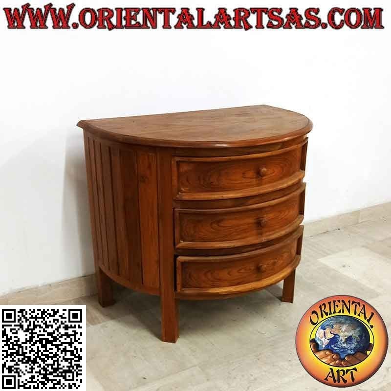 Commode demi-lune avec trois tiroirs en bois de teck