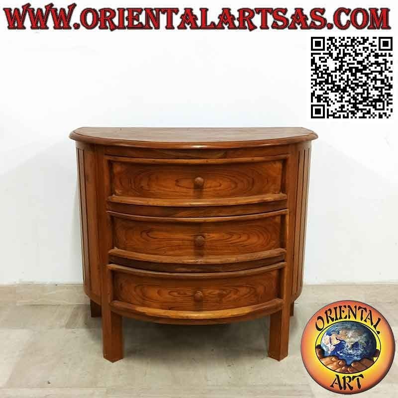 Half-moon chest of drawers with three drawers in teak wood