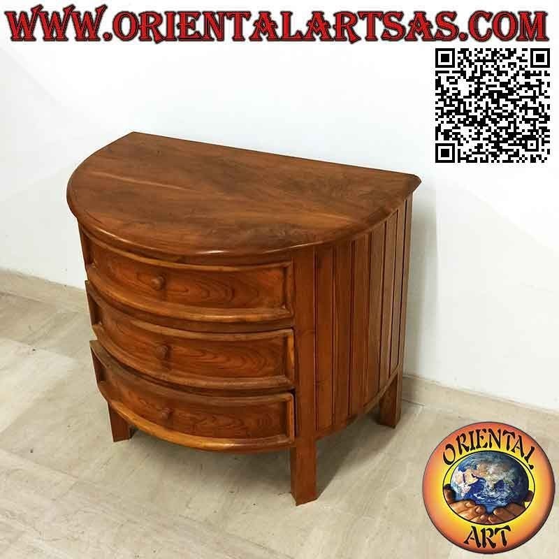 Cómoda en forma de media luna con tres cajones en madera de teca