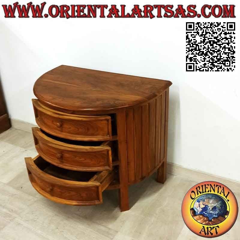 Half-moon chest of drawers with three drawers in teak wood