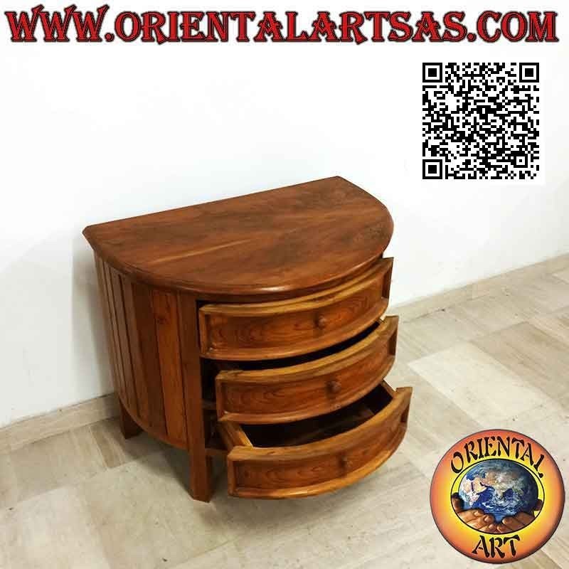 Cómoda en forma de media luna con tres cajones en madera de teca