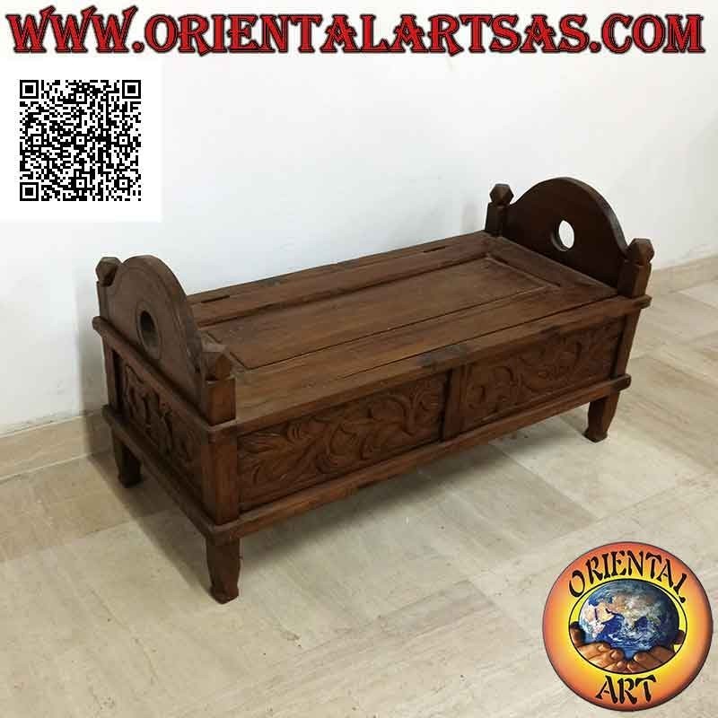 Panca - cassapanca "Jodang" con decoro floreale intagliato in legno antico di teak (apribile)