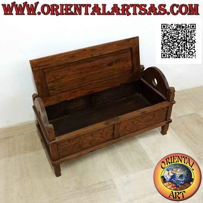 Bench - chest with floral decoration carved in teak wood (can be opened)
