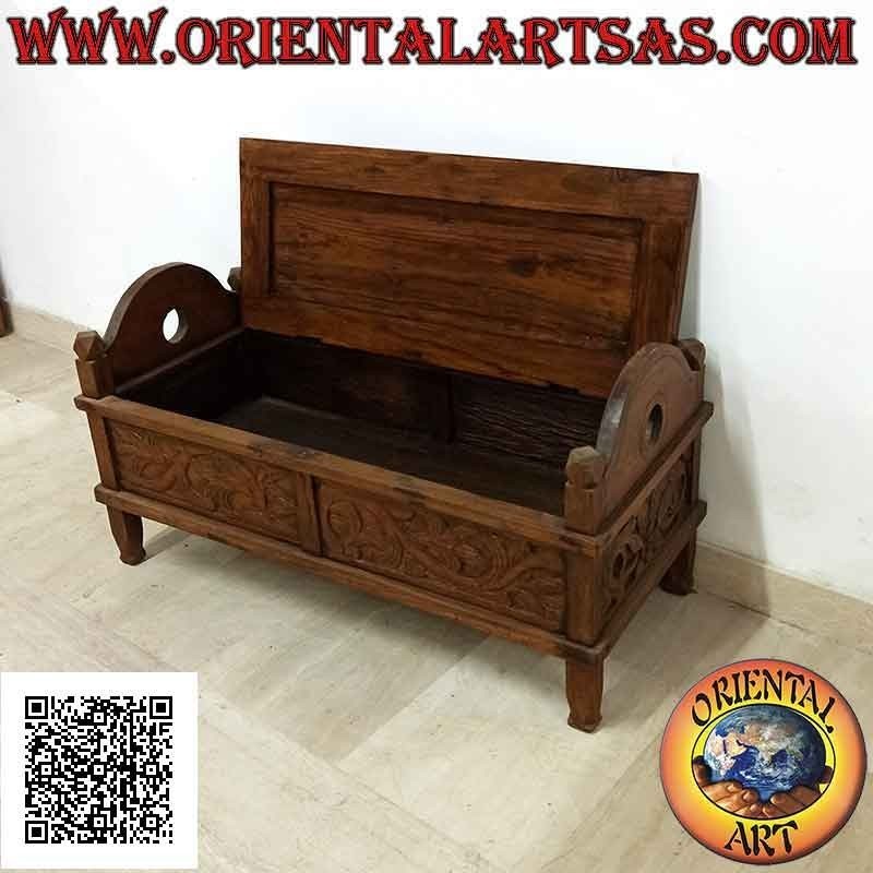 Banco - cofre con decoración floral tallada en madera de teca (se puede abrir)