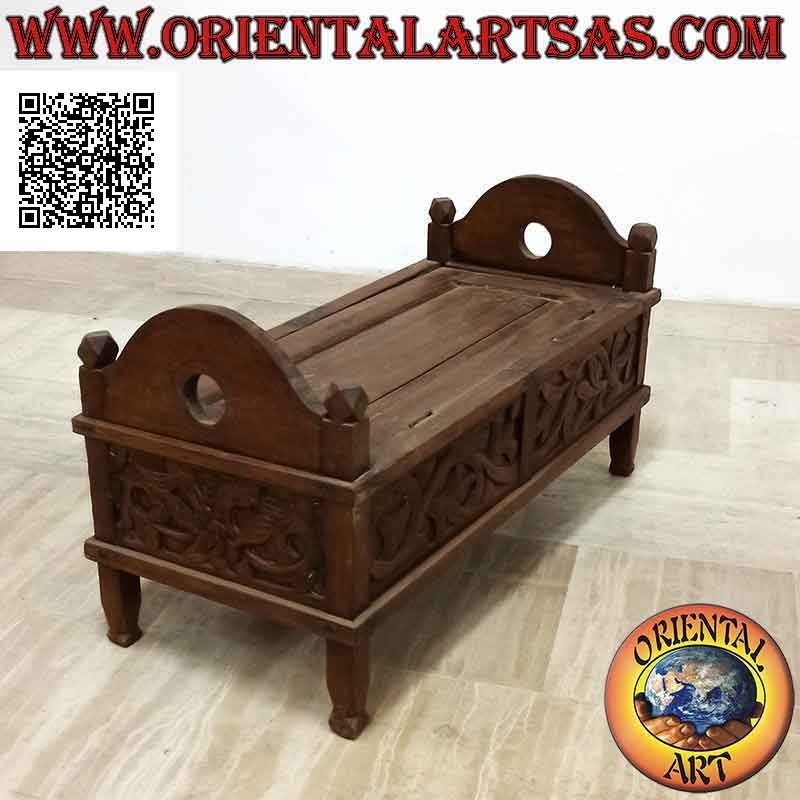Banc - coffre à décor floral sculpté en bois de teck (peut être ouvert)
