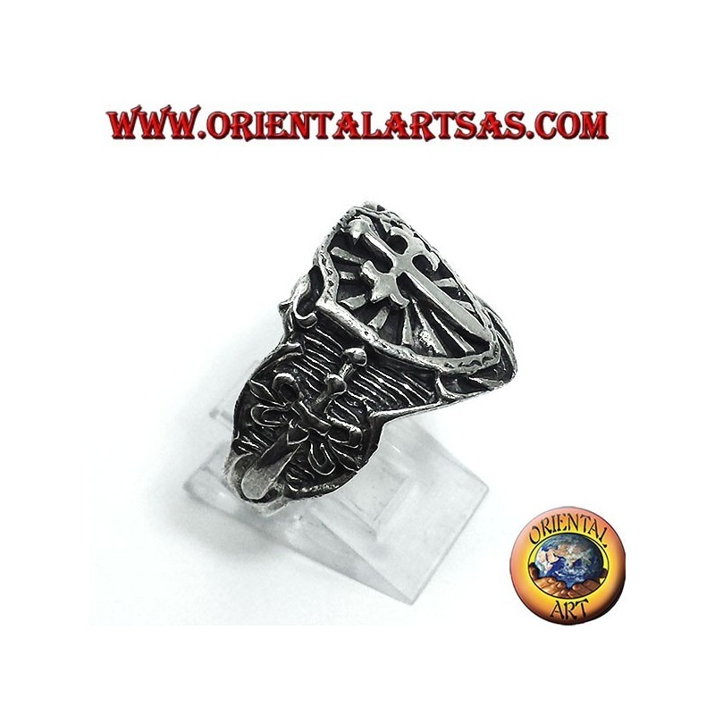 Bague en argent, bouclier médiéval croix épée