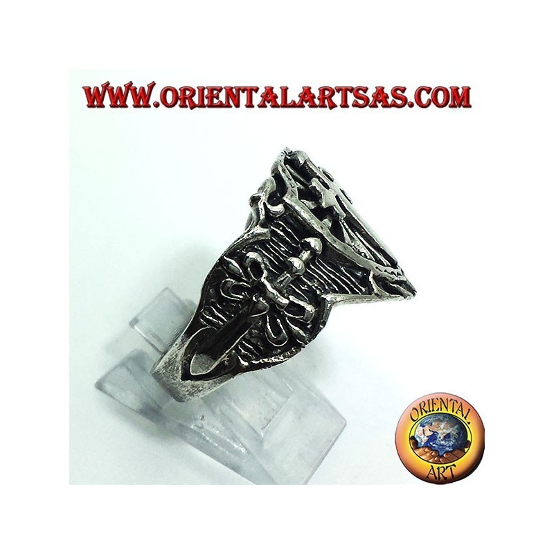 Silver ring, shield medieval sword cross