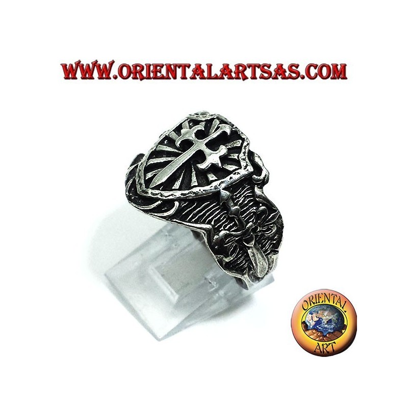Bague en argent, bouclier médiéval croix épée