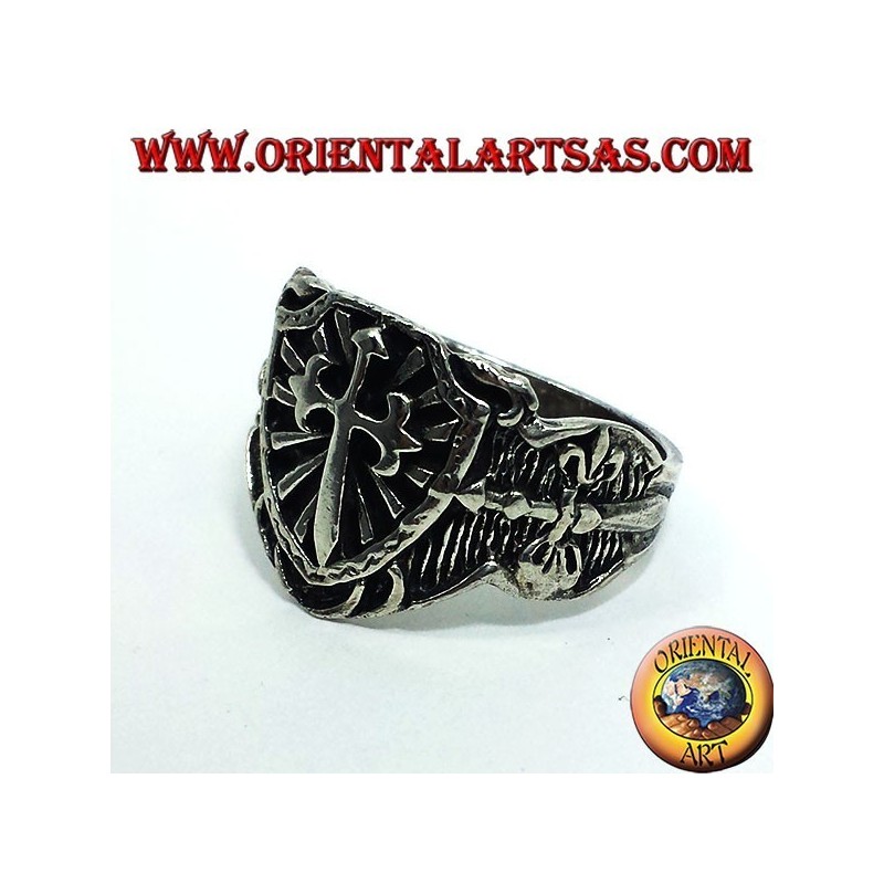 Bague en argent, bouclier médiéval croix épée