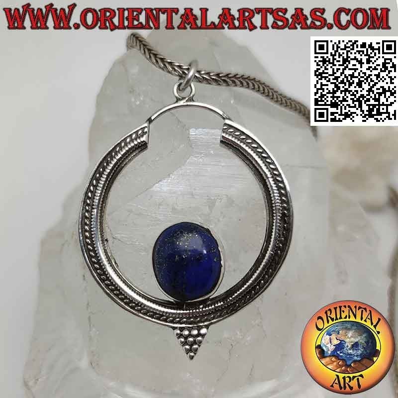 Silver pendant, circle decorated with oval lapis lazuli inside