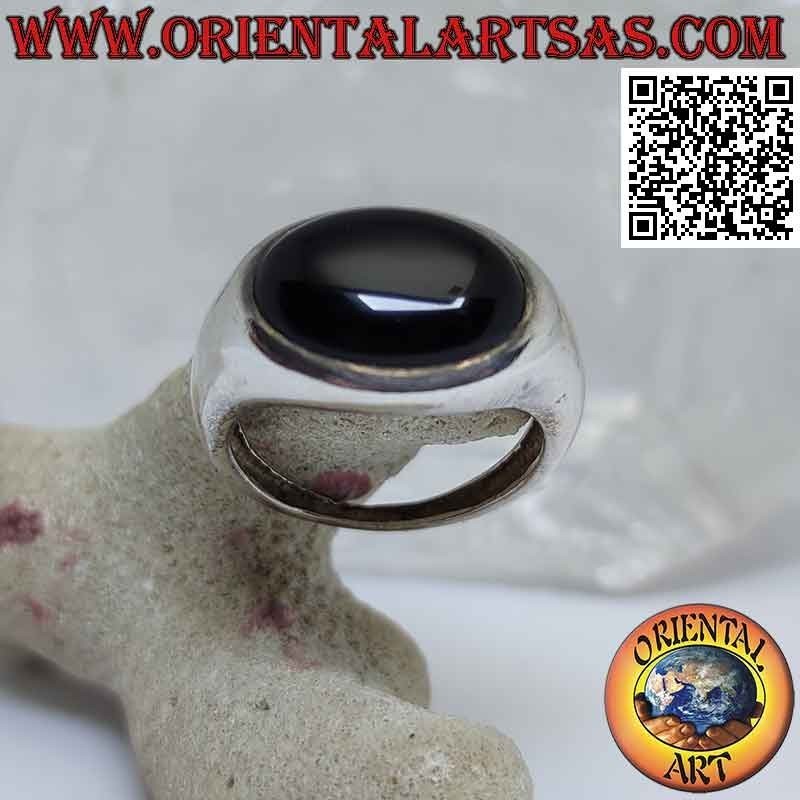 Anello in argento liscio con onice orizzontale cabochon rialzata