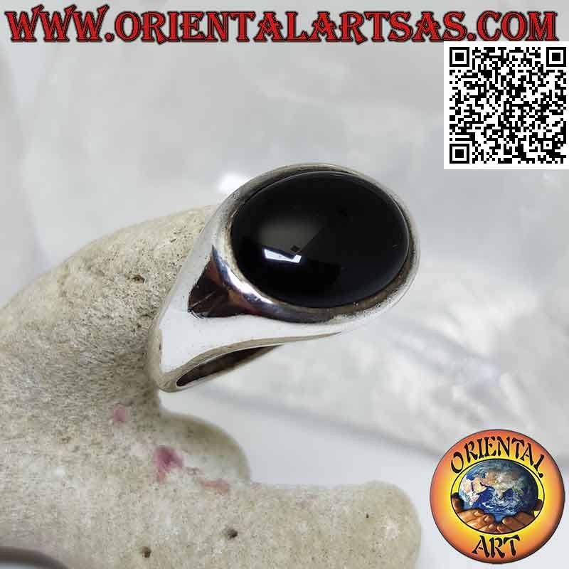 Anello in argento liscio con onice orizzontale cabochon rialzata
