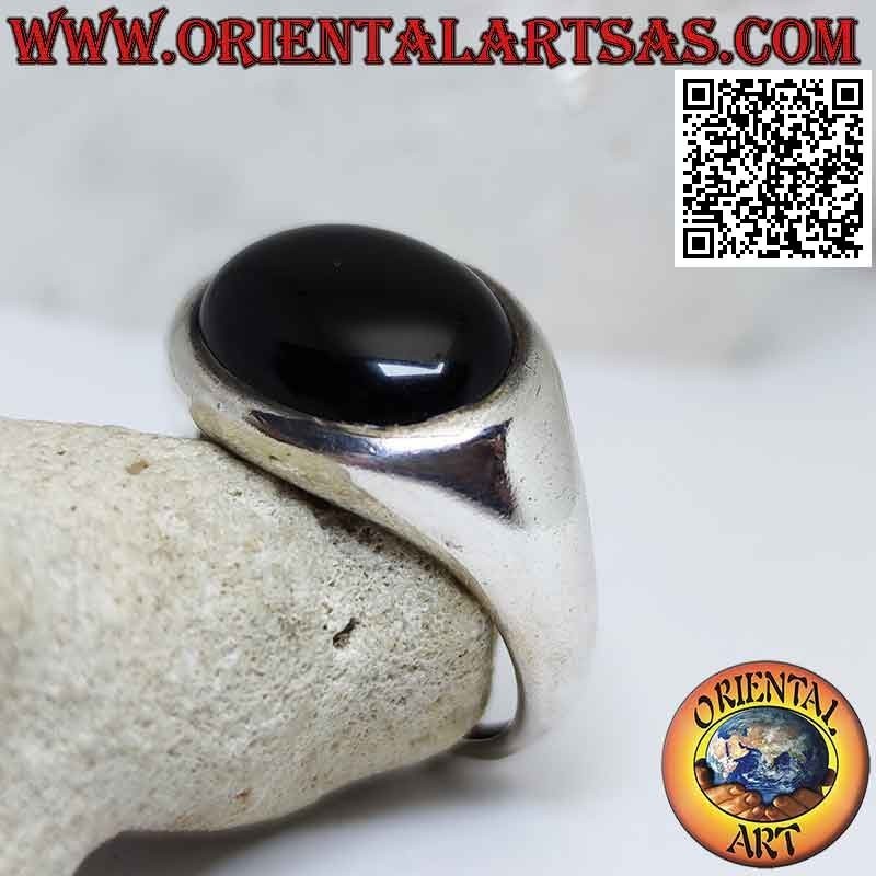 Anello in argento liscio con onice orizzontale cabochon rialzata