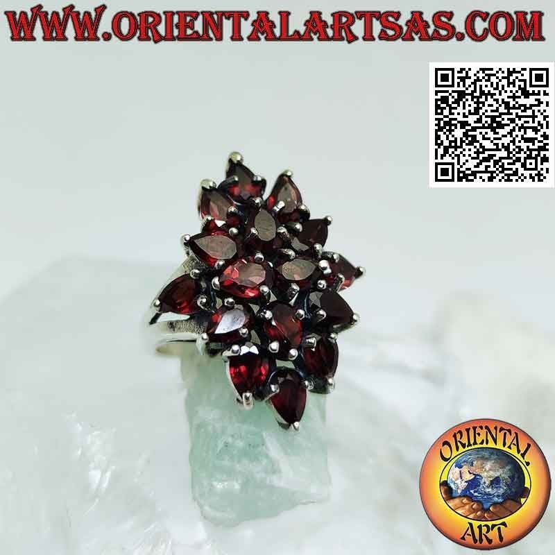 Silver ring, rhombus of faceted and set teardrop garnets