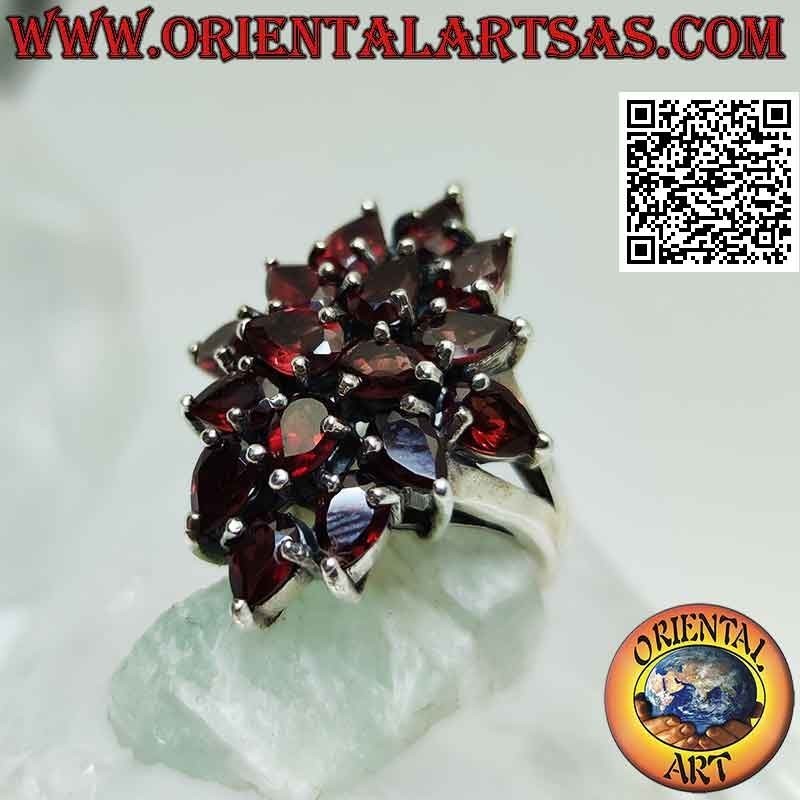 Silver ring, rhombus of faceted and set teardrop garnets