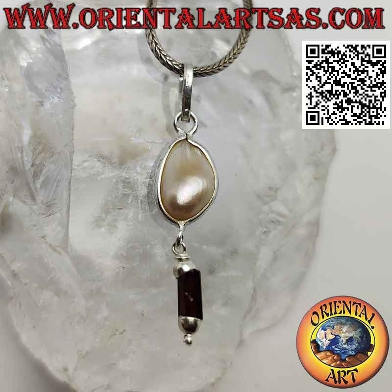 Silver pendant with scaramazza pearl and garnet prism pendant (b)