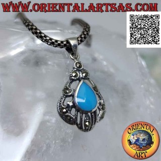 Silver pendant with drop-shaped turquoise paste surrounded by perforated decoration studded with marcasite