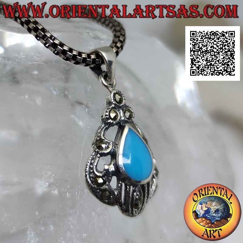 Colgante de plata con pasta de turquesa en forma de gota rodeado de decoración perforada tachonada de marcasita
