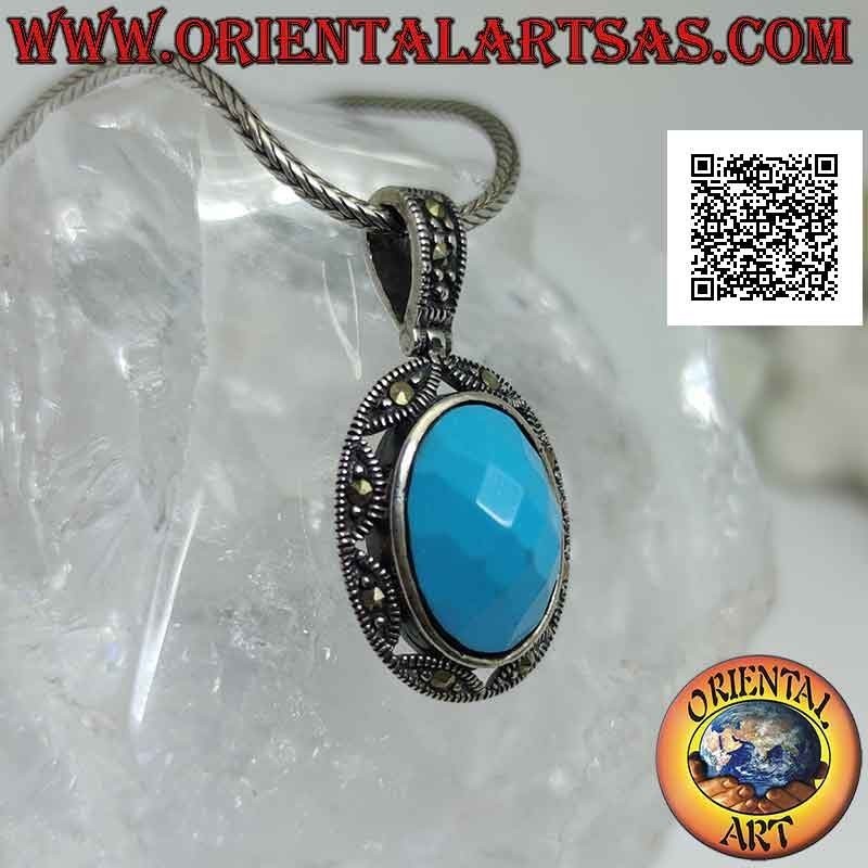 Silver pendant with faceted oval turquoise paste surrounded by a row of marcasite