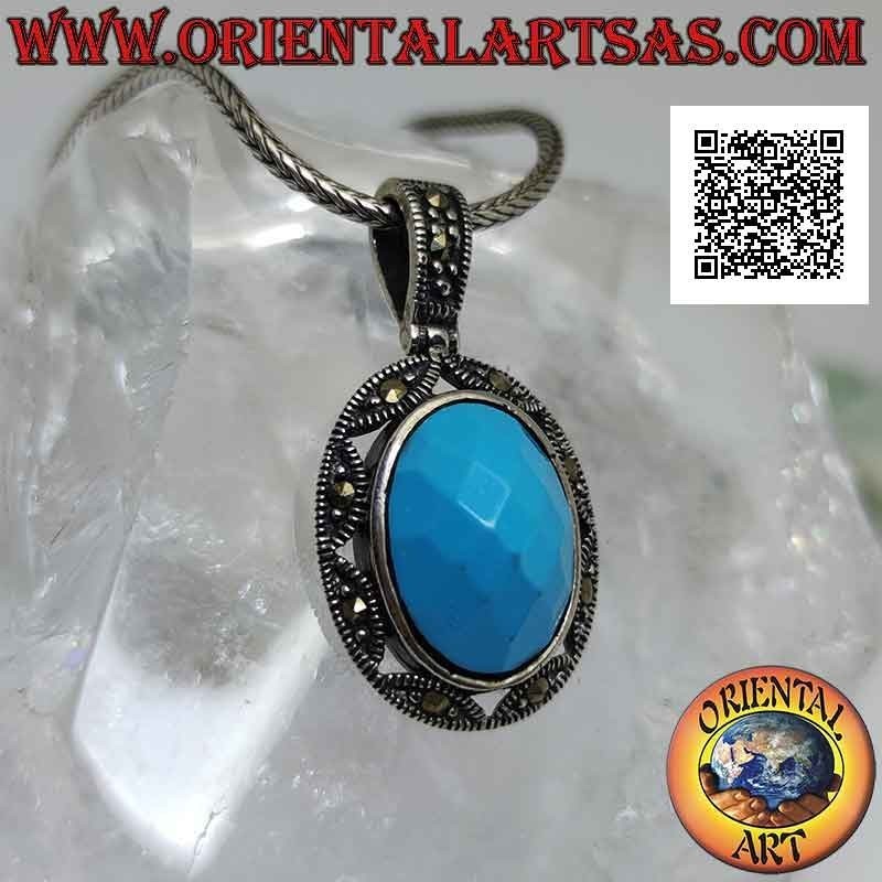 Silver pendant with faceted oval turquoise paste surrounded by a row of marcasite