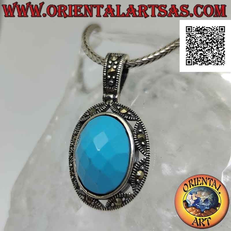 Pendentif en argent avec pâte turquoise ovale facettée entourée d'un rang de marcassite