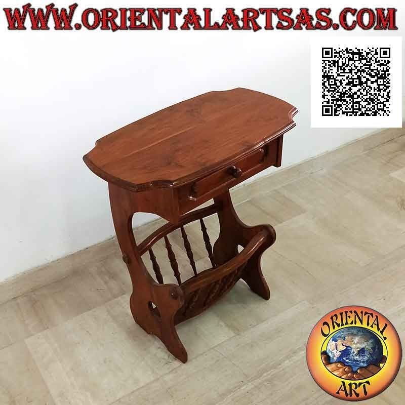 Table basse avec porte-journaux/revues et tiroir en bois de teck