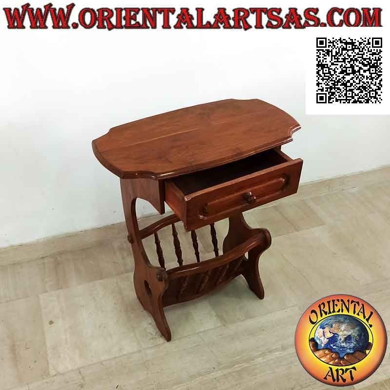 Table basse avec porte-journaux/revues et tiroir en bois de teck