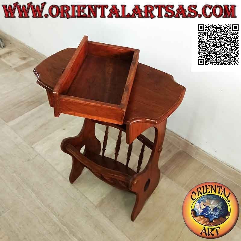 Coffee table with newspaper / magazine holder and drawer in teak wood