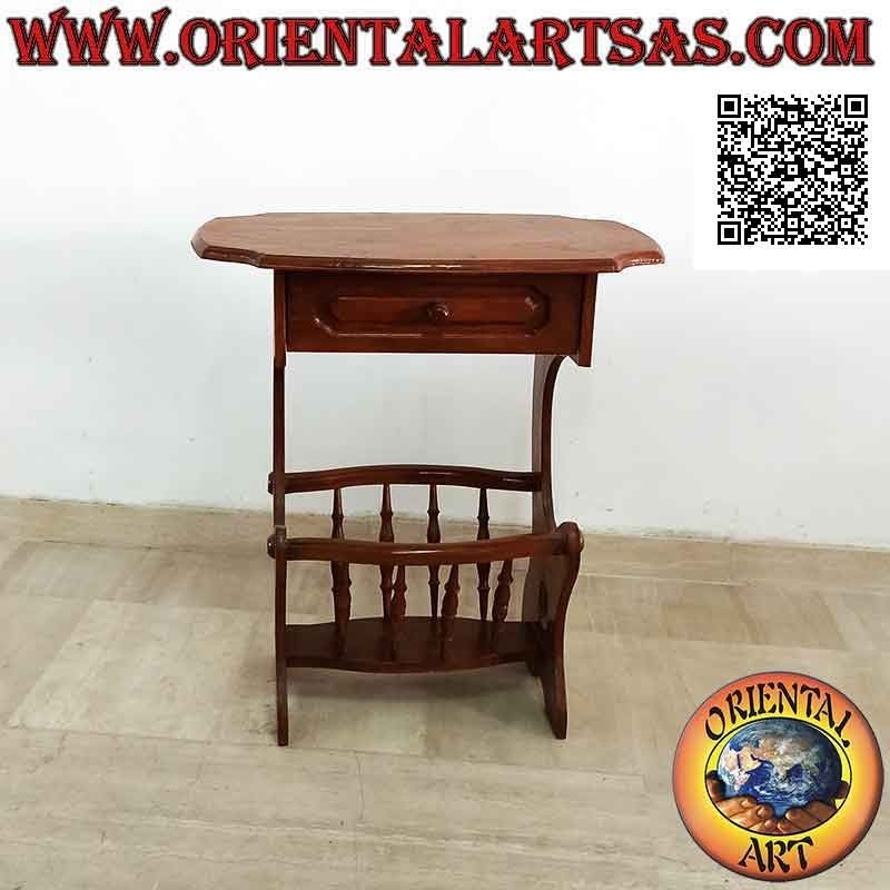 Coffee table with newspaper / magazine holder and drawer in teak wood