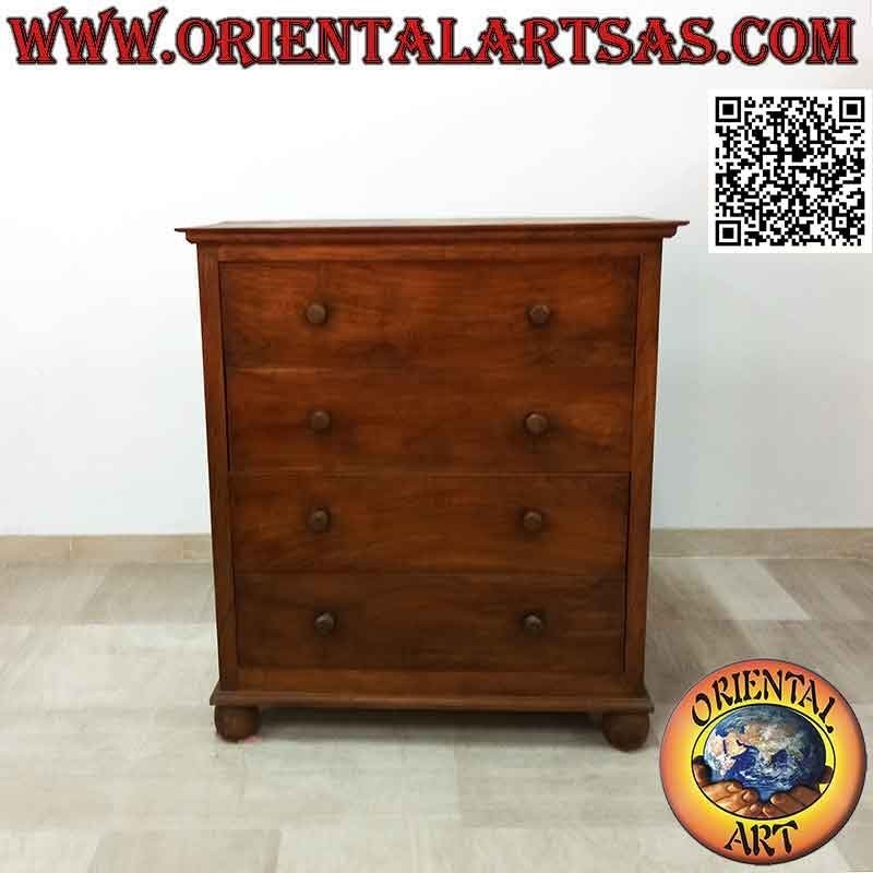 Commode rectangulaire à quatre tiroirs et pieds ronds en bois de teck