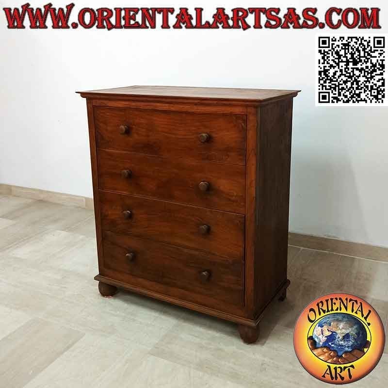 Comò rettangolare con quattro cassettoni e piedi tondi in legno di teak