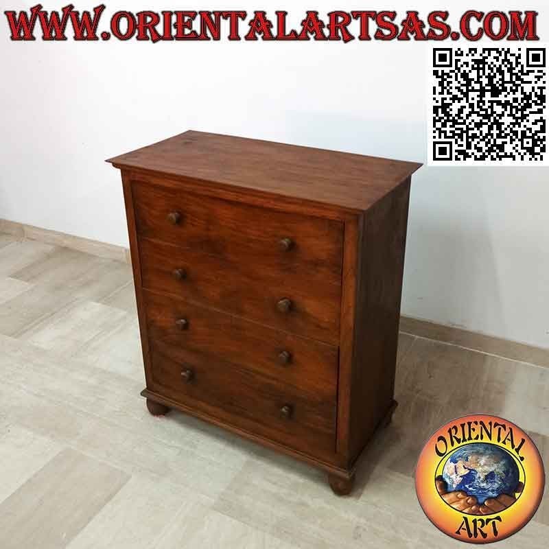 Rectangular chest of drawers with four drawers and round feet in teak wood