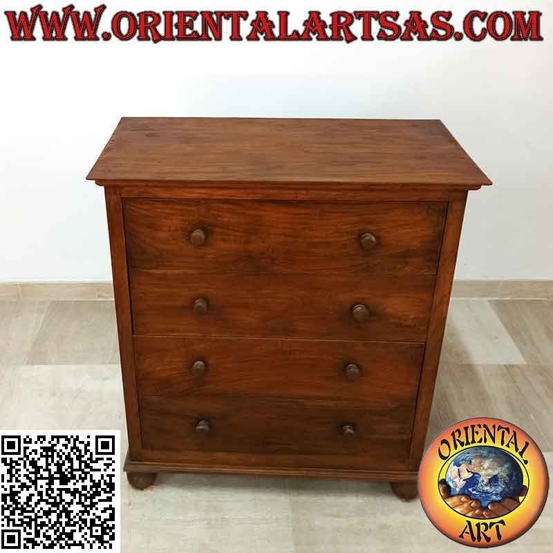 Rectangular chest of drawers with four drawers and round feet in teak wood