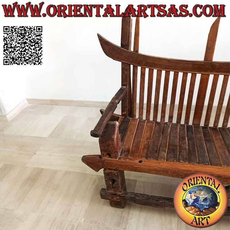 Three-seater bench in "Japan" style in antique teak wood recycled from agricultural vehicles