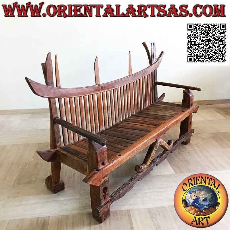 Banc trois places de style "Japon" en bois de teck ancien recyclé de véhicules agricoles