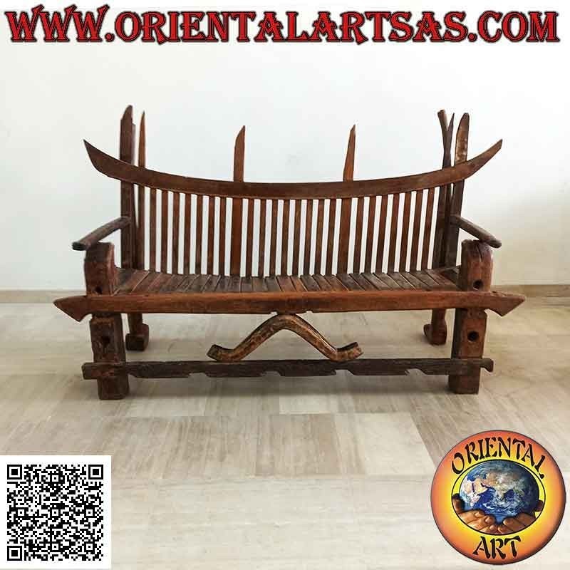 Three-seater bench in "Japan" style in antique teak wood recycled from agricultural vehicles