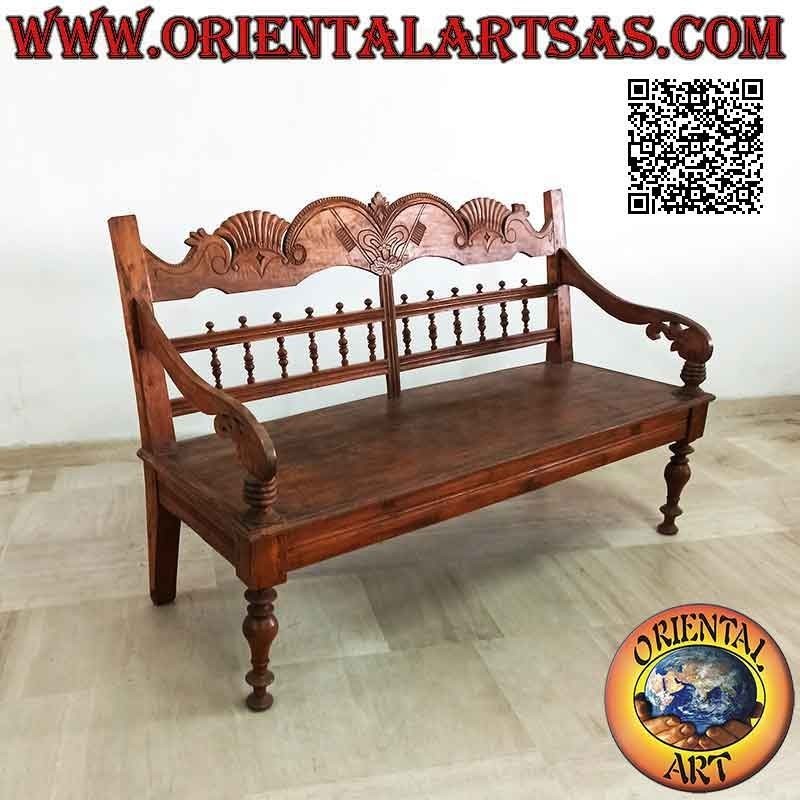 Three-seater bench with royal decoration hand-carved in antique teak wood