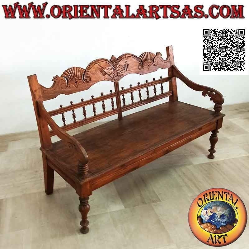 Banco de tres plazas con decoración real tallada a mano en madera de teca antigua