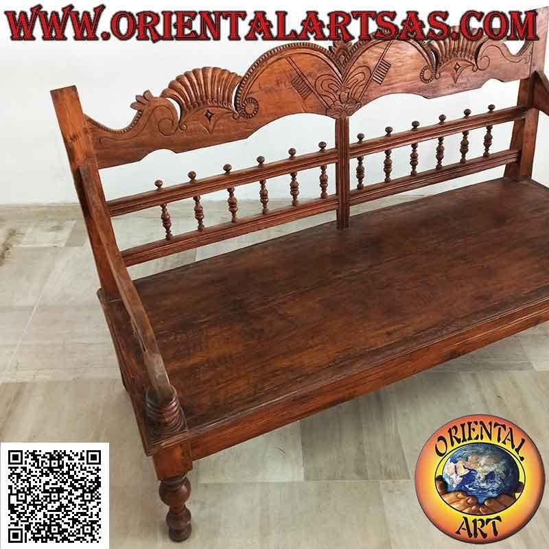 Banc trois places avec décoration royale sculptée à la main en bois de teck antique