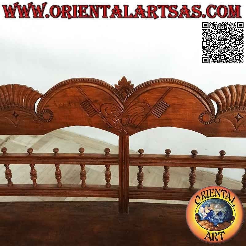 Three-seater bench with royal decoration hand-carved in antique teak wood