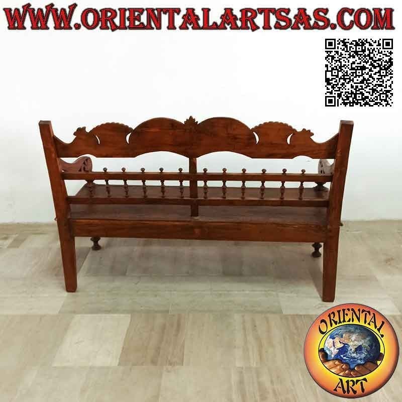 Three-seater bench with royal decoration hand-carved in antique teak wood