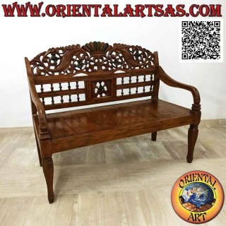 Two-seater bench with floral decoration and hand-carved crown in antique teak wood