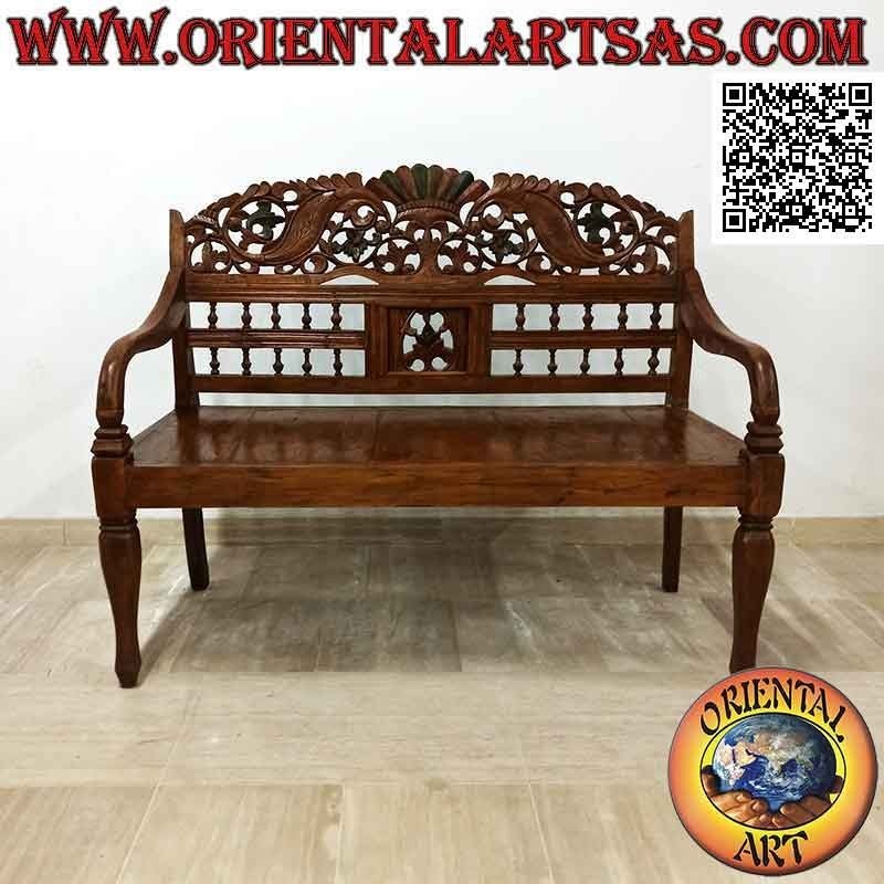Banco de dos plazas con decoración floral y corona tallada a mano en madera de teca antigua